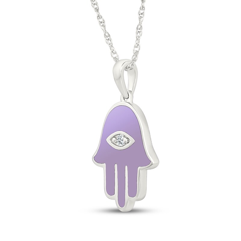 Main Image 2 of Diamond Accent & Purple Enamel Hamsa Necklace Sterling Silver 18"