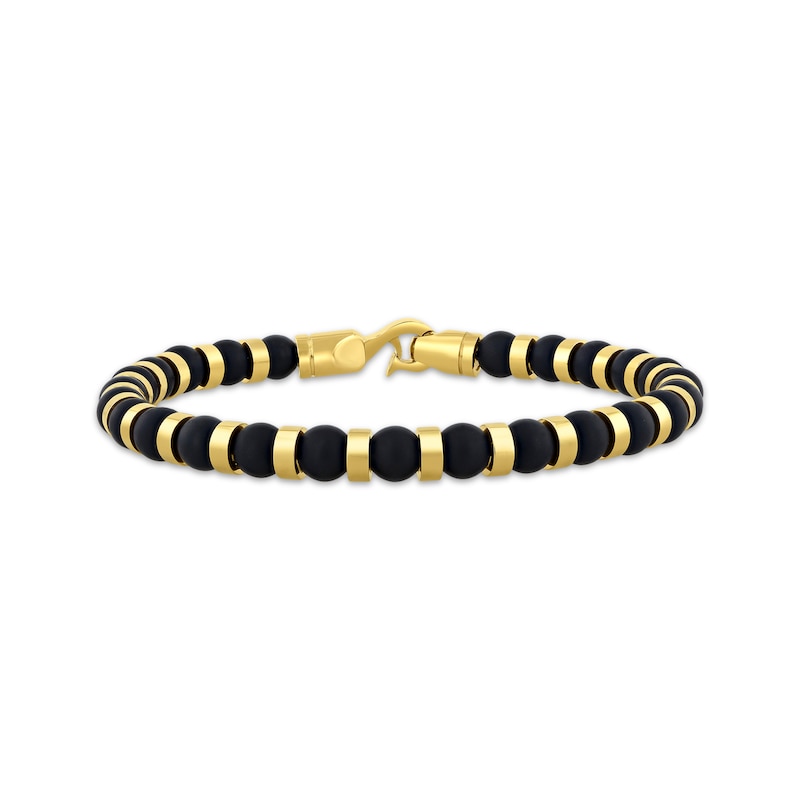 Main Image 1 of Men's Onyx Bead Bracelet Yellow Ion-Plated Stainless Steel 8.5"