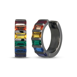 Men's Multicolor Baguette-Cut Lab-Created Gemstone Huggie Hoop Earrings Matte Gunmetal-Plated Sterling Silver