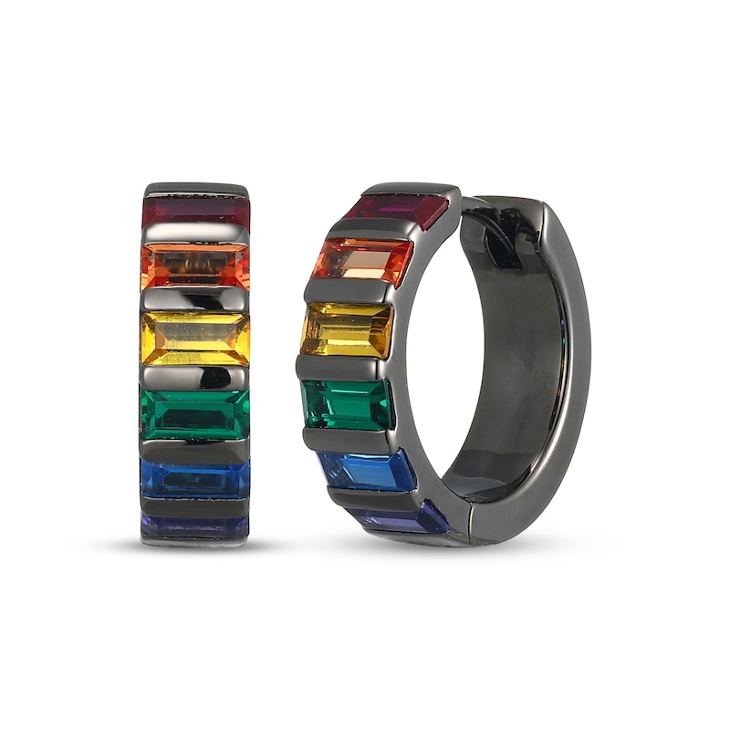 Main Image 1 of Men's Multicolor Baguette-Cut Lab-Created Gemstone Huggie Hoop Earrings Matte Gunmetal-Plated Sterling Silver