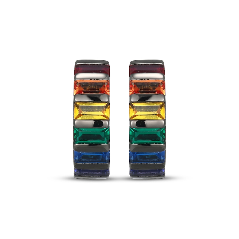 Main Image 2 of Men's Multicolor Baguette-Cut Lab-Created Gemstone Huggie Hoop Earrings Matte Gunmetal-Plated Sterling Silver