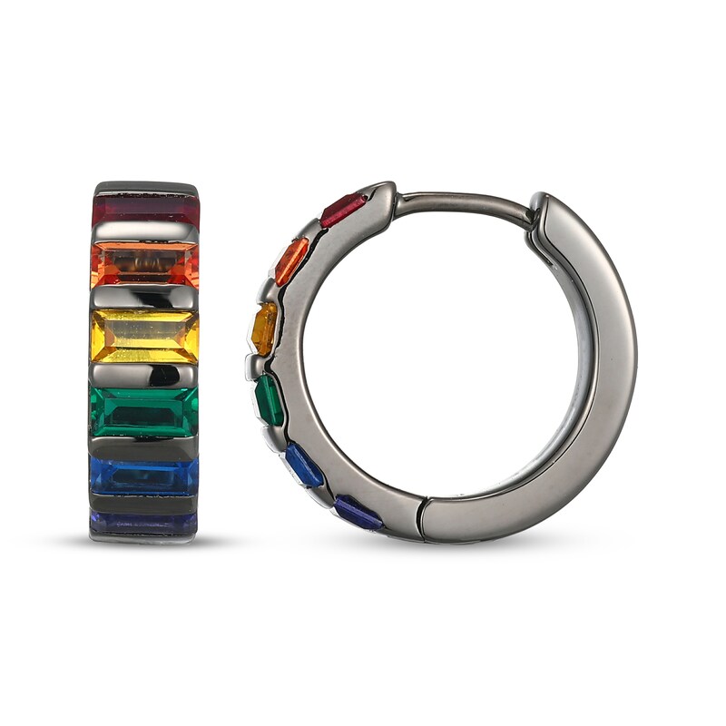 Main Image 3 of Men's Multicolor Baguette-Cut Lab-Created Gemstone Huggie Hoop Earrings Matte Gunmetal-Plated Sterling Silver