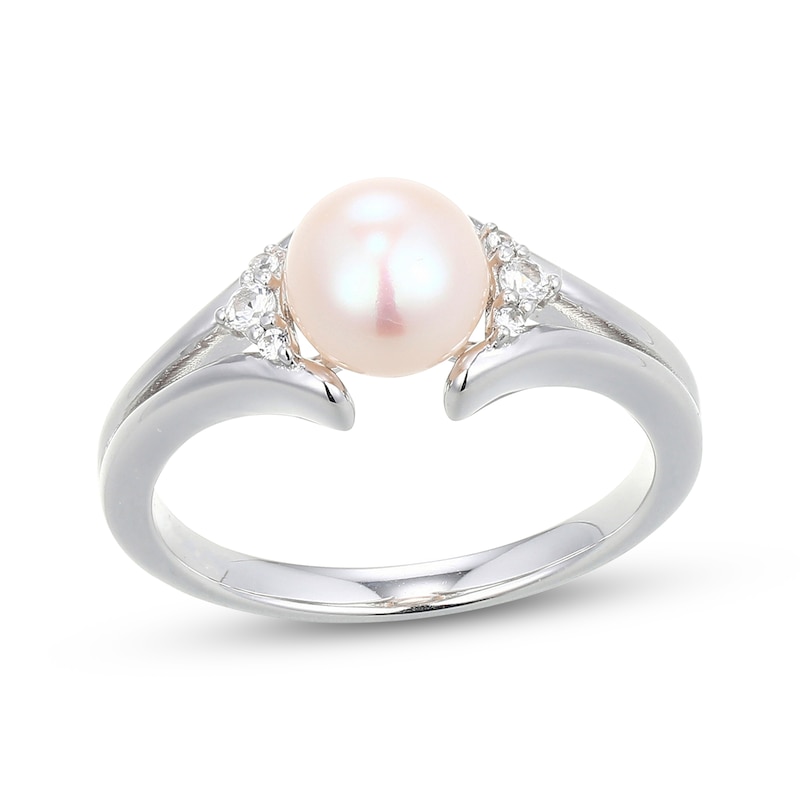Main Image 1 of Cultured Pearl & White Lab-Created Sapphire Ring Sterling Silver