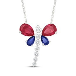 Lab-Created Ruby, Blue & White Lab-Created Sapphire Dragonfly Necklace Sterling Silver 18"