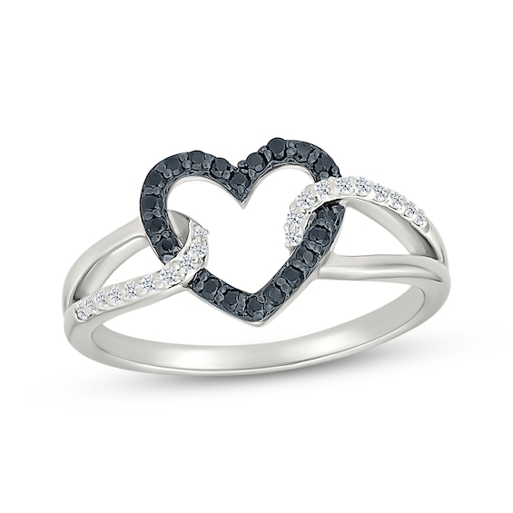 Black & White Diamond Open Heart & Loop Fashion Ring 1/5 ct tw Sterling Silver