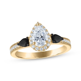 Adore Pear-Shaped White & Black Diamond Three-Stone Engagement Ring 1 ct tw 14K Yellow Gold