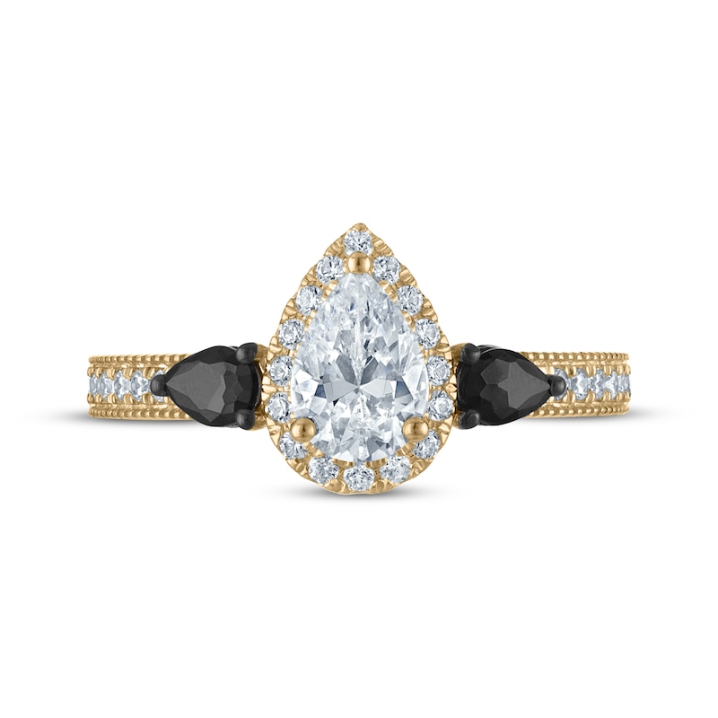 Main Image 3 of Adore Pear-Shaped White & Black Diamond Three-Stone Engagement Ring 1 ct tw 14K Yellow Gold
