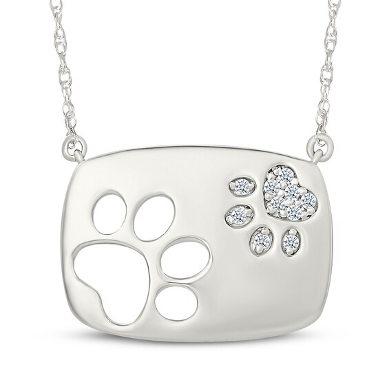 Diamond Paw Print Dog Tag Necklace 1/20 ct tw Sterling Silver 18"