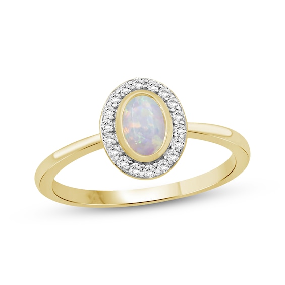 Oval-Cut Opal & Diamond Halo Ring 1/6 ct tw 10K Yellow Gold
