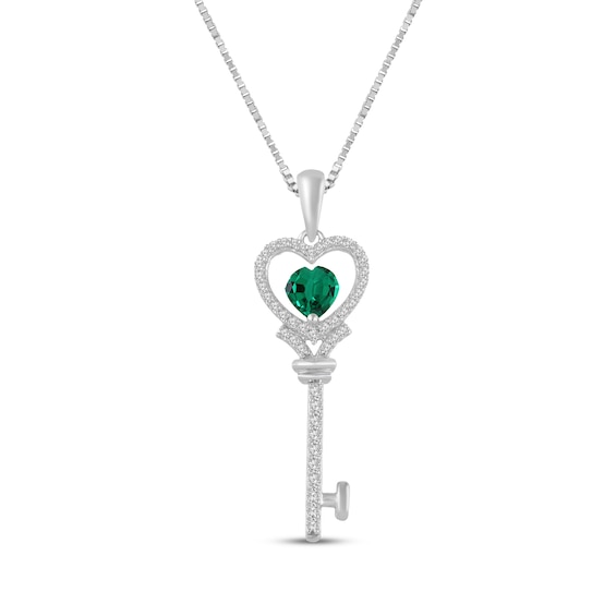 Heart-Shaped Lab-Created Emerald & White Lab-Created Sapphire Key Necklace Sterling Silver 18"