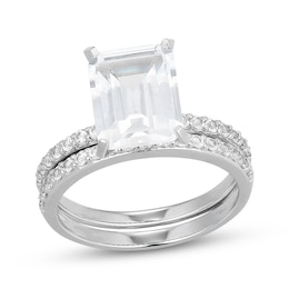 Emerald-Cut White Lab-Created Sapphire Ring Set Sterling Silver