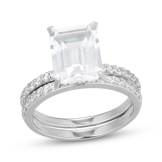 Emerald-Cut White Lab-Created Sapphire Ring Set Sterling Silver