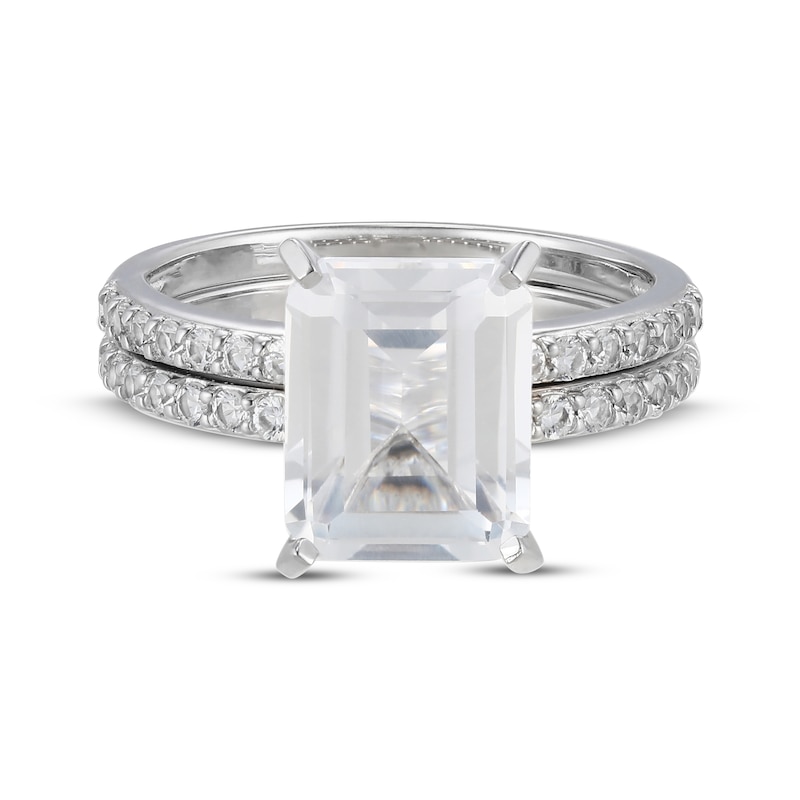 Main Image 3 of Emerald-Cut White Lab-Created Sapphire Ring Set Sterling Silver
