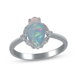 Marquise-Cut Natural Opal & Diamond Halo Ring 1/20 ct tw 10K White Gold