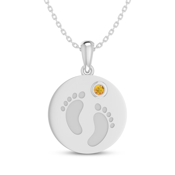 Citrine Baby Feet Disc Necklace Sterling Silver 18"
