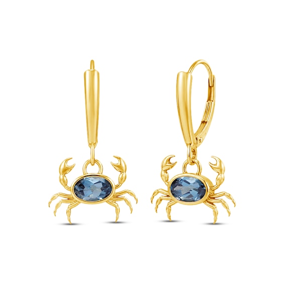 Oval-Cut Natural London Blue Topaz Solitaire Crab Drop Earrings 24K Yellow Gold Vermeil Sterling Silver