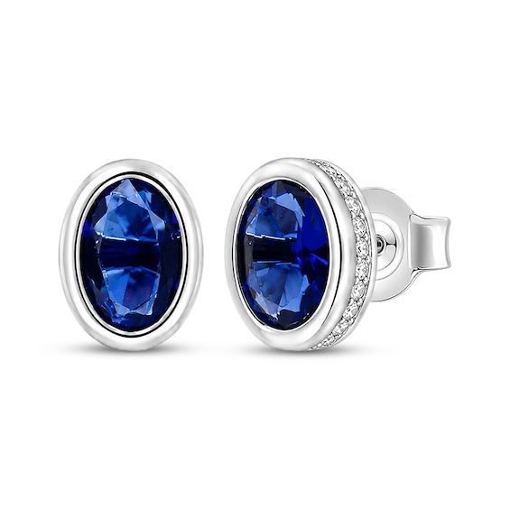 Oval-Cut Blue & White Lab-Created Sapphire Hidden Halo Stud Earrings Sterling Silver