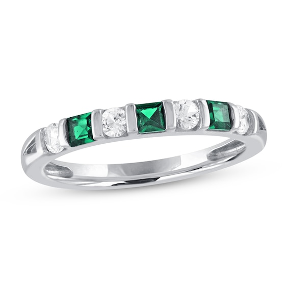 Square-Cut Lab-Created Emerald & Round-Cut White Lab-Created Sapphire Ring Sterling Silver