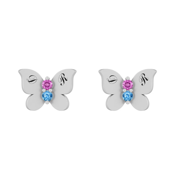 Children's Birthstone Butterfly Earrings (2 Stones and 4 Lines)