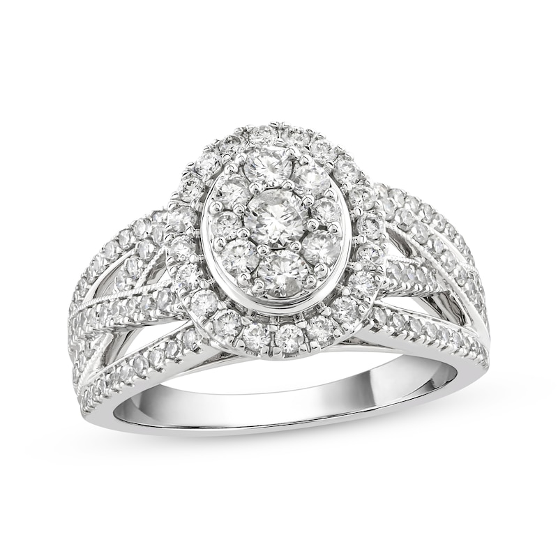 Multi-Diamond Center Oval Frame Engagement Ring 1 ct tw 10K White Gold