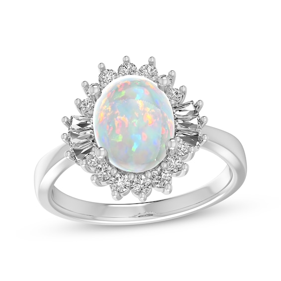 Oval-Cut Lab-Created Opal & White Lab-Created Sapphire Starburst Ring Sterling Silver
