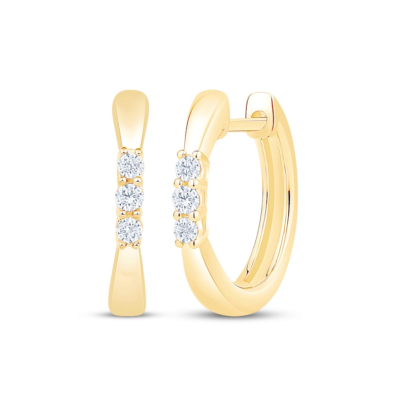 Main Image 1 of Diamond Three-Stone Pinched Hoop Earrings 1/10 ct tw 10K Yellow Gold