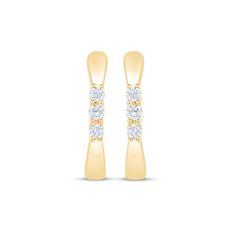 Main Image 2 of Diamond Three-Stone Pinched Hoop Earrings 1/10 ct tw 10K Yellow Gold