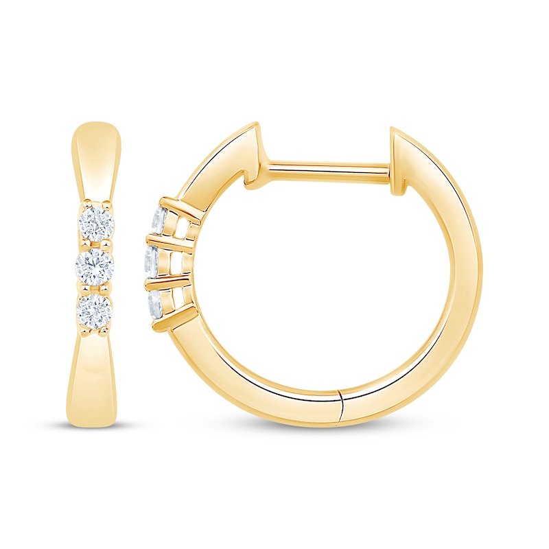 Main Image 3 of Diamond Three-Stone Pinched Hoop Earrings 1/10 ct tw 10K Yellow Gold
