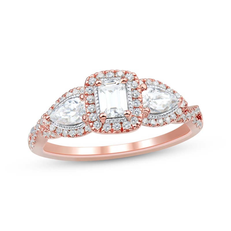Main Image 1 of Adore Emerald-Cut & Pear-Shaped Diamond Three-Stone Engagement Ring 1 ct tw 14K Rose Gold