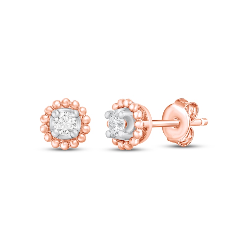 Main Image 1 of Round-Cut Diamond Solitaire Beaded Halo Stud Earrings 1/10 ct tw 10K Rose Gold (I/I3)