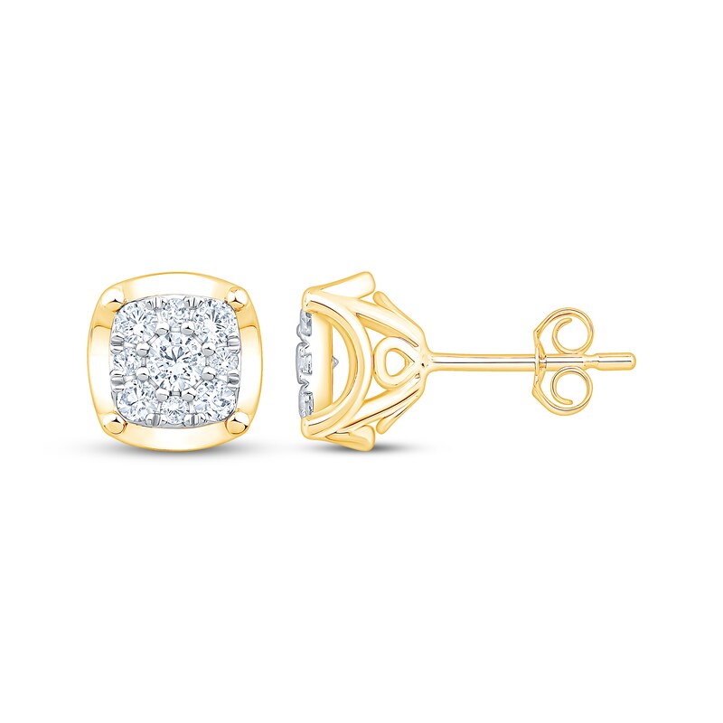 Main Image 3 of Multi-Diamond Cushion Frame Stud Earrings 1/2 ct tw 10K Yellow Gold