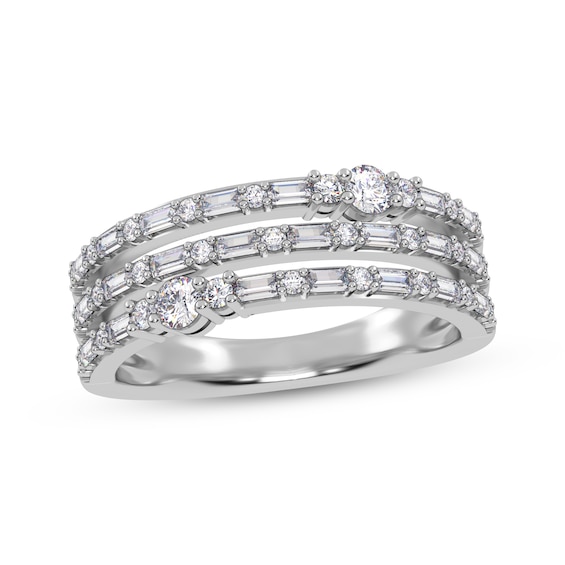 Baguette & Round-Cut Diamond Three-Row Faux-Stack Ring 1/2 ct tw 14K White Gold