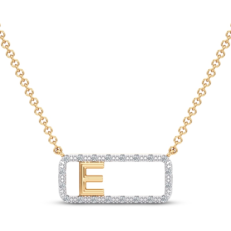 Main Image 1 of Diamond E Initial Rectangle Necklace 1/10 ct tw 10K Yellow Gold 18"