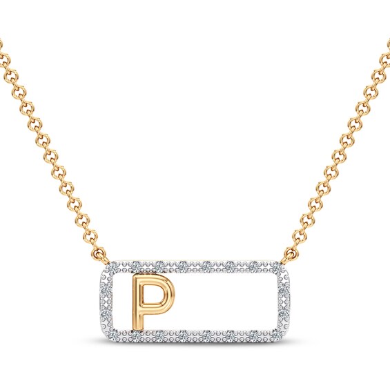 Diamond P Initial Rectangle Necklace 1/10 ct tw 10K Yellow Gold 18"