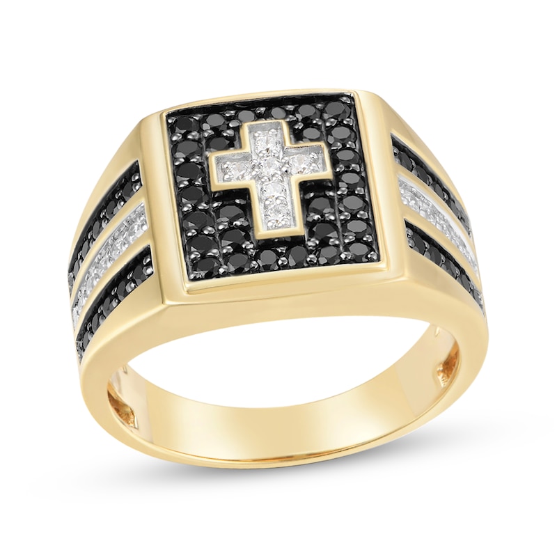 Main Image 1 of Men's Black & White Diamond Cross Ring 1 ct tw 10K Yellow Gold