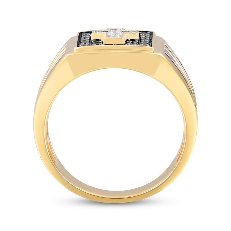 Main Image 2 of Men's Black & White Diamond Cross Ring 1 ct tw 10K Yellow Gold