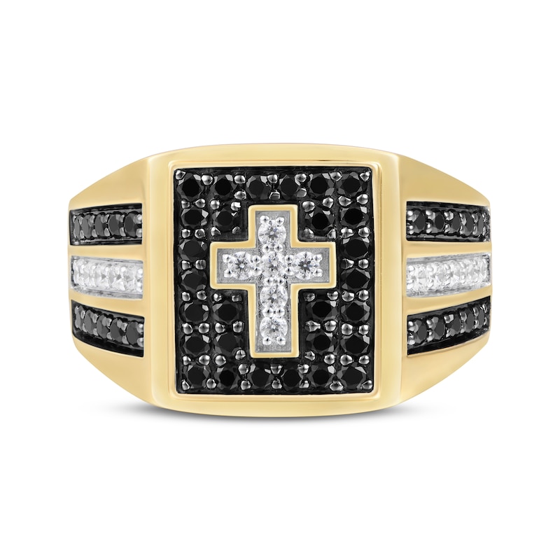 Main Image 3 of Men's Black & White Diamond Cross Ring 1 ct tw 10K Yellow Gold