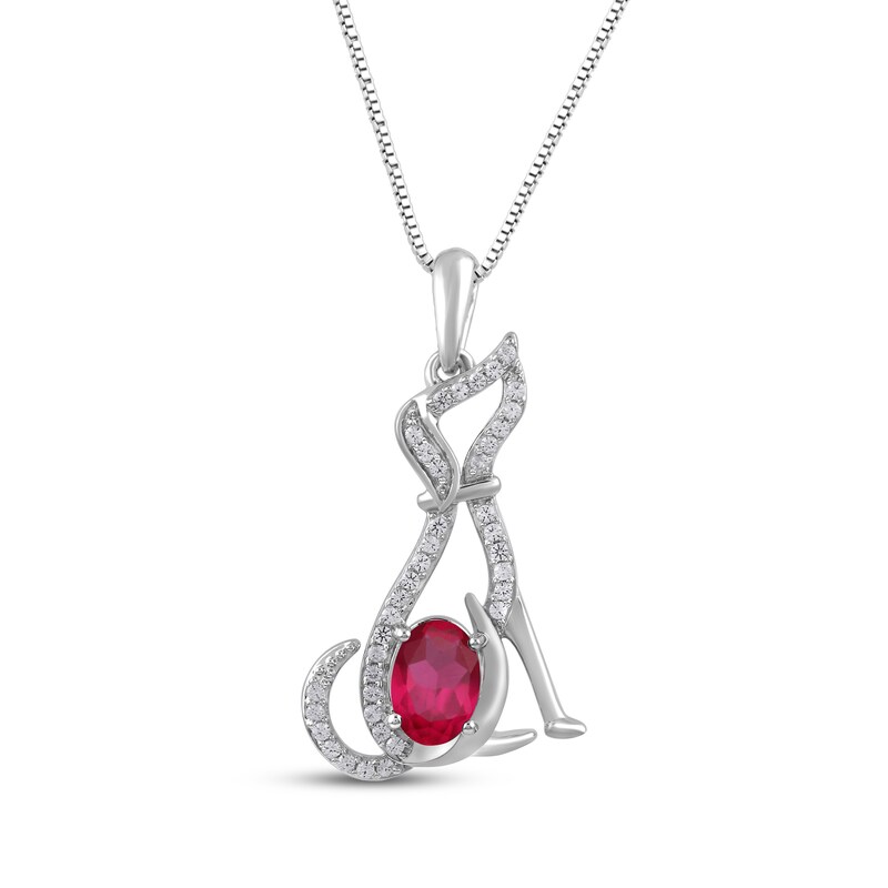 Main Image 1 of Oval-Cut Lab-Created Ruby & White Lab-Created Sapphire Dog Necklace Sterling Silver 18"