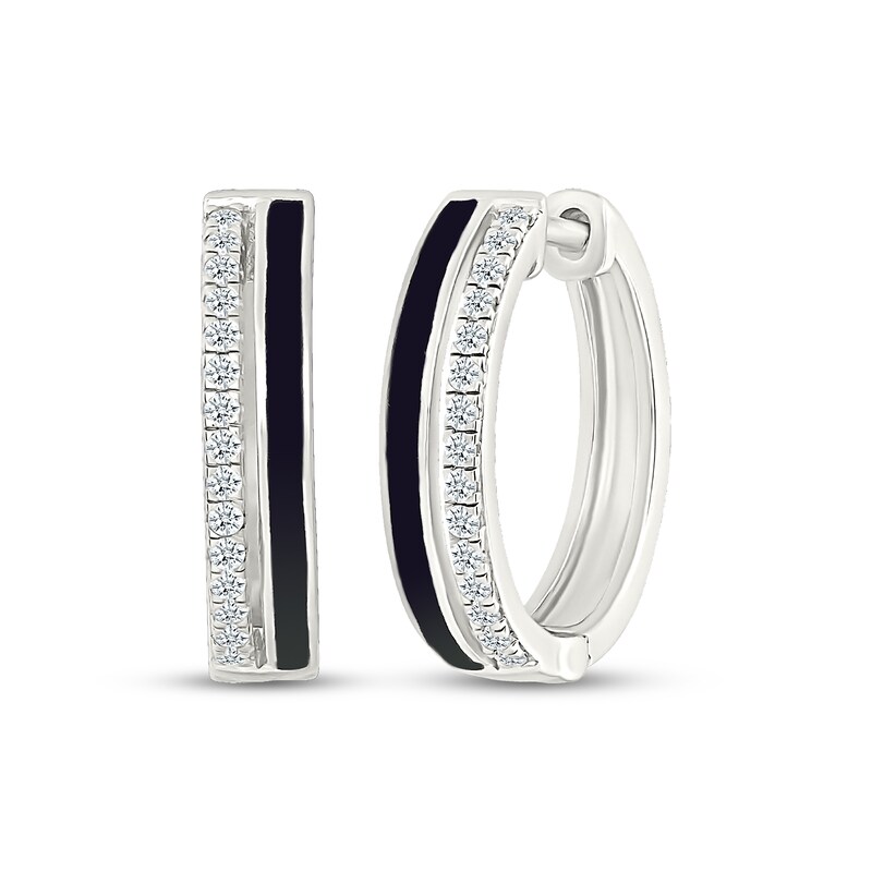 Main Image 1 of Diamond & Black Enamel Hoop Earrings 1/5 ct tw Sterling Silver