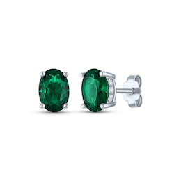 Oval-Cut Lab-Created Emerald & White Lab-Created Sapphire Stud Earrings Sterling Silver