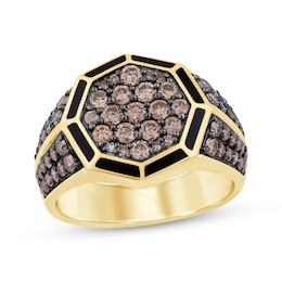 Men's Brown Diamond & Black Enamel Octagon Ring 1-3/4 ct tw 10K Yellow Gold