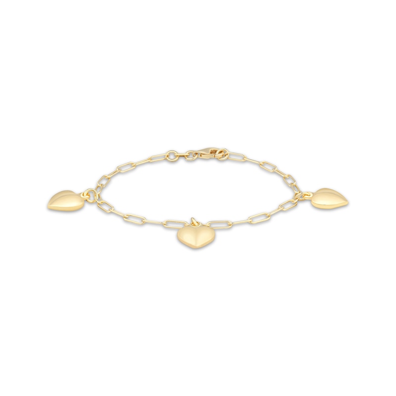 Main Image 1 of Puff Heart Dangle Station Paperclip Chain Bracelet 24K Yellow Gold Vermeil Sterling Silver 7.5"