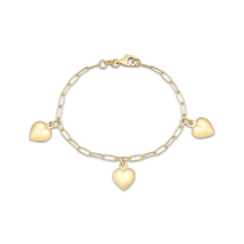 Main Image 2 of Puff Heart Dangle Station Paperclip Chain Bracelet 24K Yellow Gold Vermeil Sterling Silver 7.5"