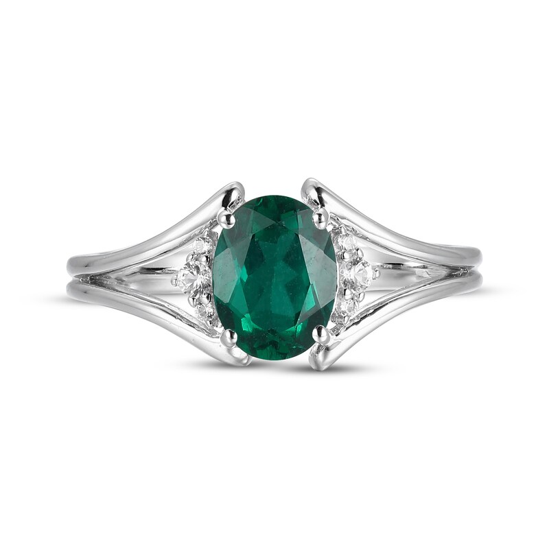 Main Image 3 of Oval-Cut Lab-Created Emerald & White Lab-Created Sapphire Ring Sterling Silver