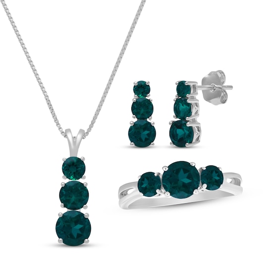 Lab-Created Emerald Three-Stone Gift Set Sterling Silver