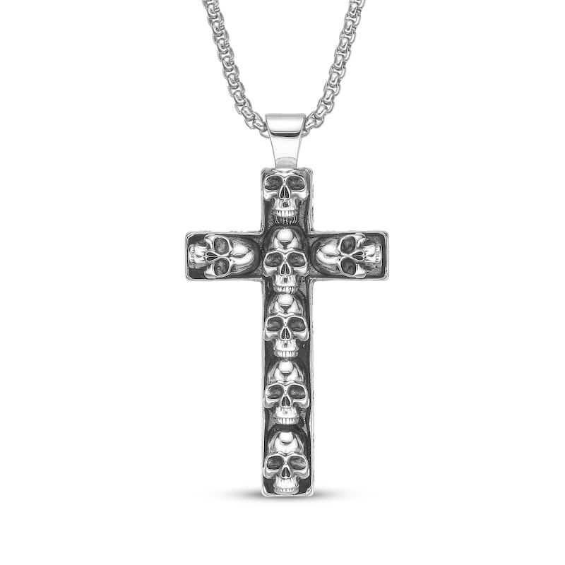 Main Image 1 of Men's Skull Cross Necklace Stainless Steel & Gray Ion Plating 24"