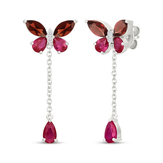 Garnet, Lab-Created Ruby & White Lab-Created Sapphire Butterfly Drop Earrings Sterling Silver