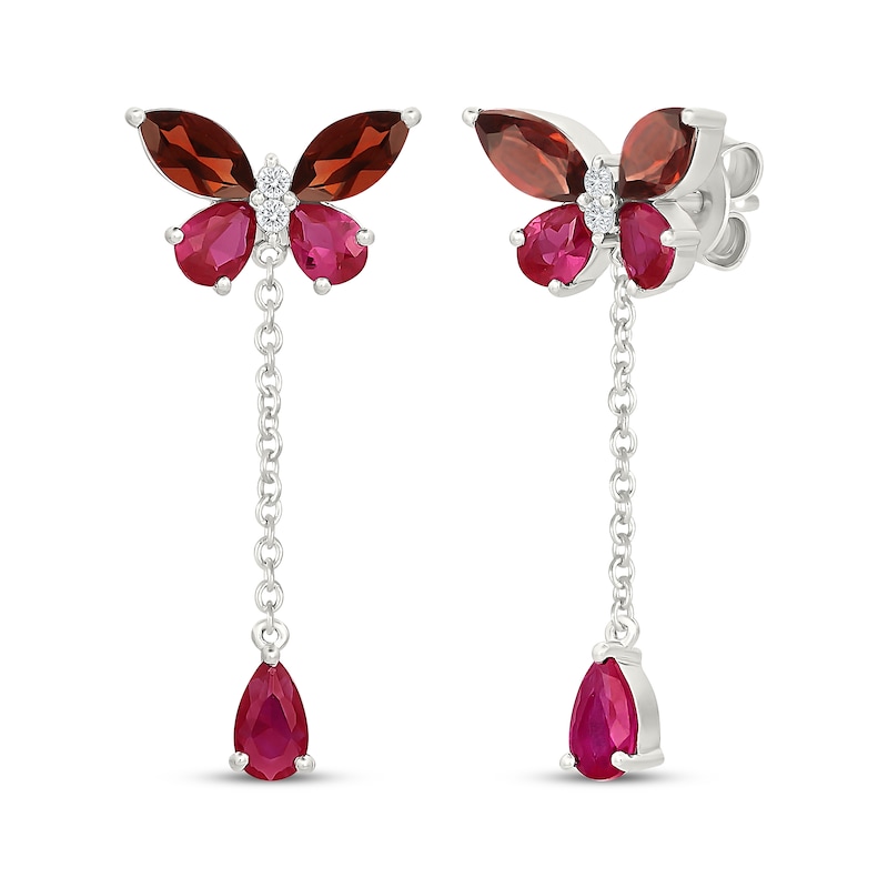 Main Image 1 of Garnet, Lab-Created Ruby & White Lab-Created Sapphire Butterfly Drop Earrings Sterling Silver