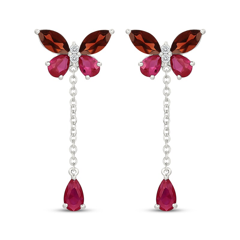Main Image 2 of Garnet, Lab-Created Ruby & White Lab-Created Sapphire Butterfly Drop Earrings Sterling Silver