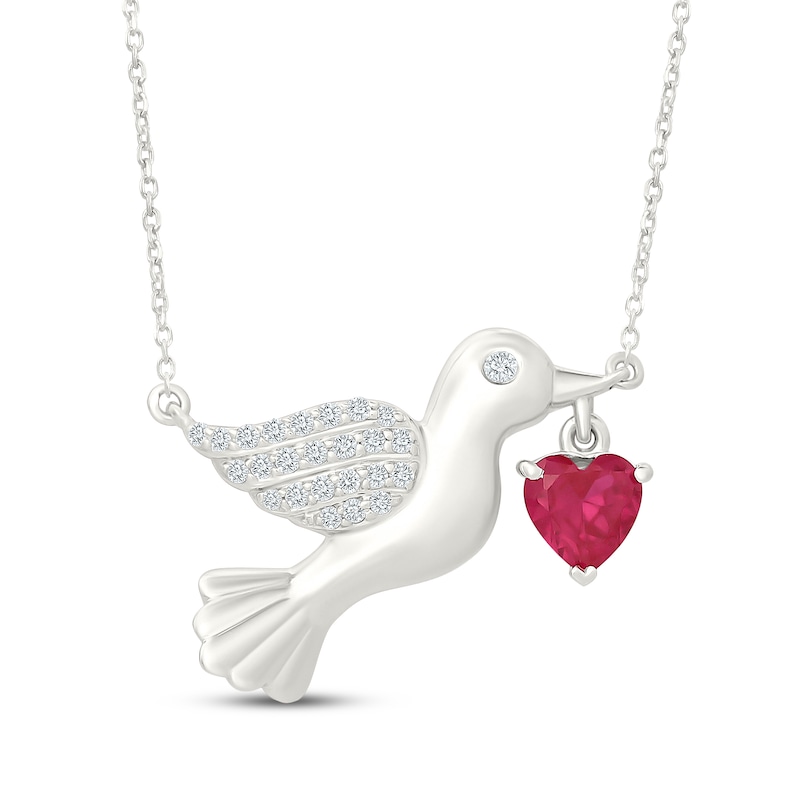 Main Image 1 of Heart-Shaped Lab-Created Ruby & White Lab-Created Sapphire Dove Necklace Sterling Silver 18"